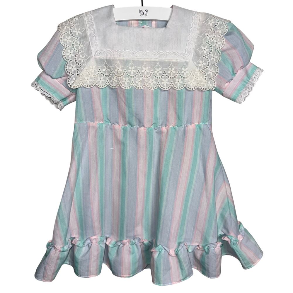 Vintage 80s Bonnie Jean size 6 Pastel Stripe Eyelet Collar Prairie Dress